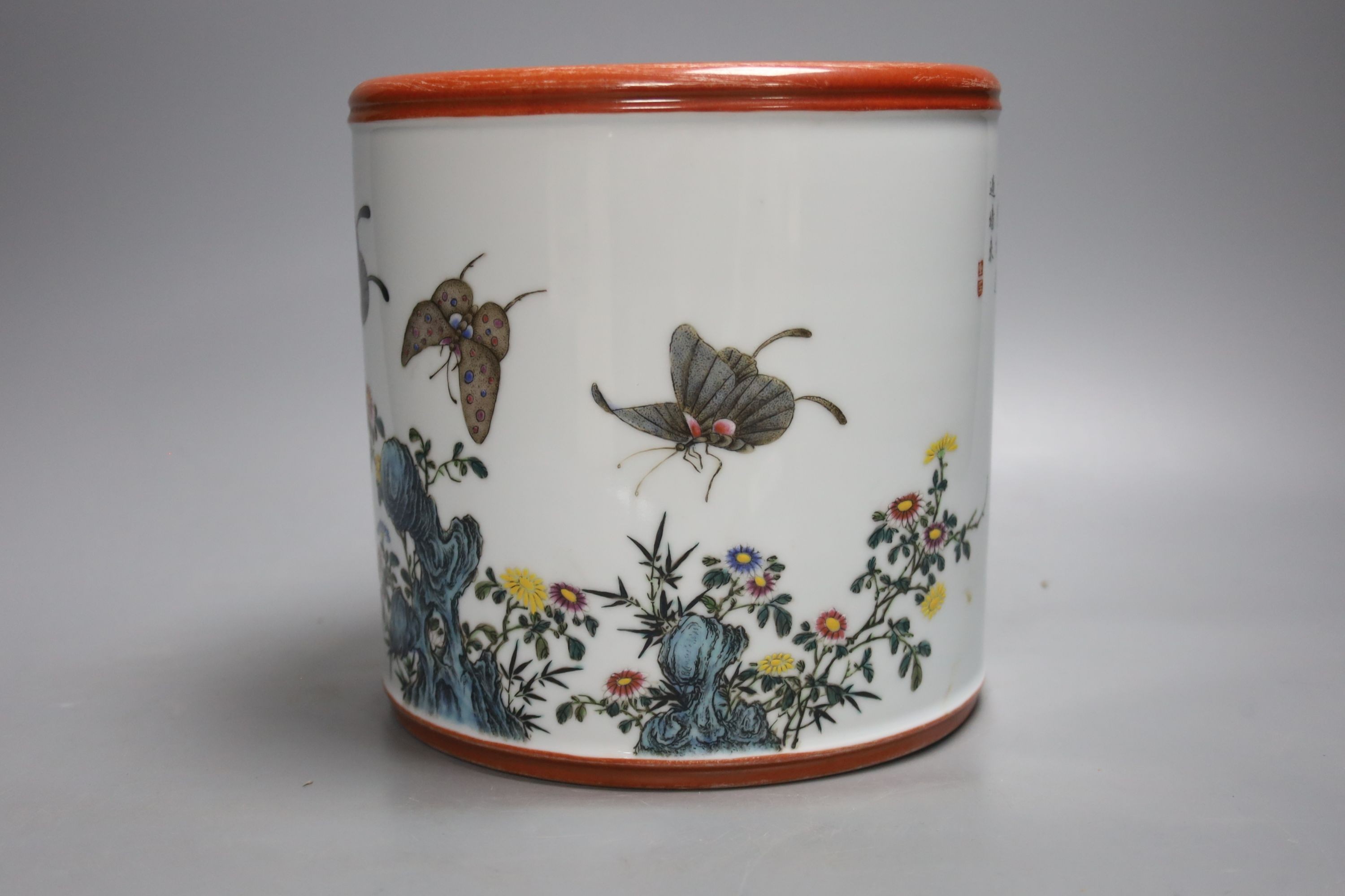 A Chinese famille rose brush pot, Yongzheng seal mark, 20th century, 7.25in. (18.3cm)
